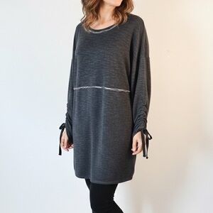 MAX STUDIO Heathered Grey French Terry Tunic Cinch Sleeve Mini Dress Raw Hem XL